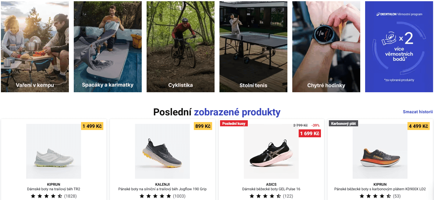 Decathlon e-shop zobrazené produkty